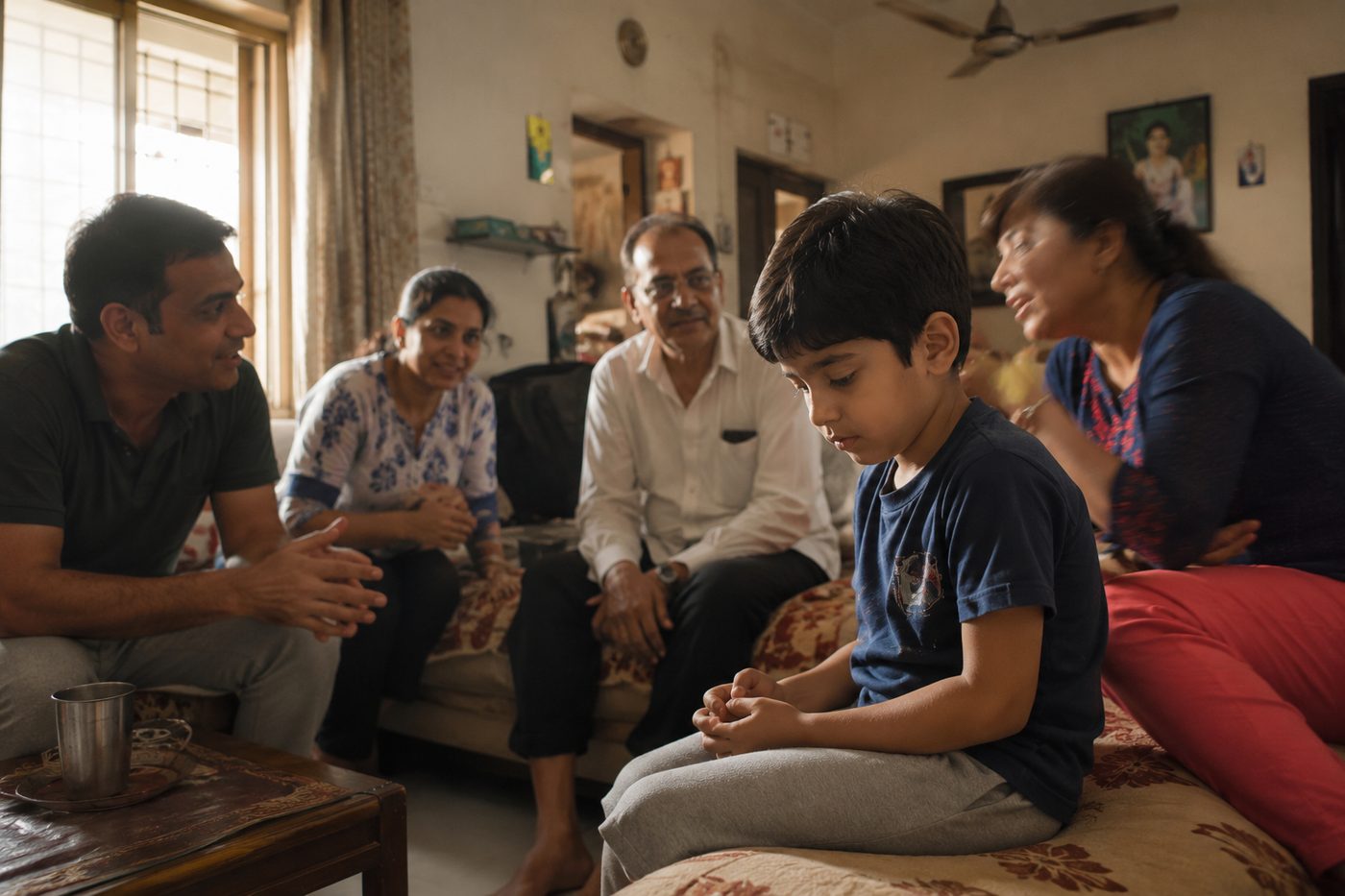 A family gathering — the child sits quietly while the adults talk